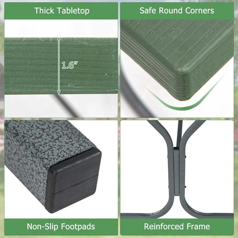 6 FT 8-Person Outdoor Large Picnic Table Bench Set with Umbrella Hole, Metal Frame, All-Weather HDPE Tabletop