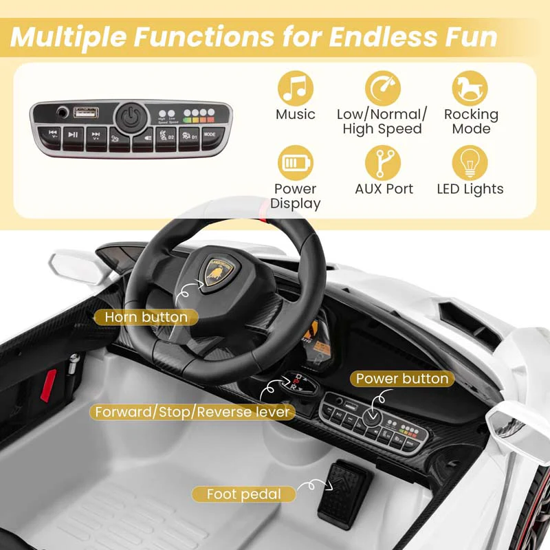 Lamborghini Licensed Kids Ride On 4WD Sports Car, 12V Battery Electric Vehicle Toy with Remote Control, 3 Speeds, Hydraulic Doors