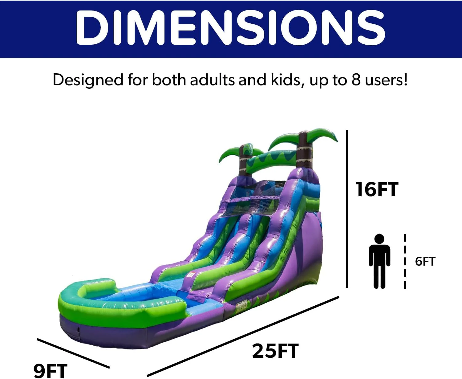 16' Purple Tropical Lightweight Premium Commercial Grade Water Slide Inflatable with Attached Pool for Kids and Adults (with Blower), Wet Dry Use, Summer Fun