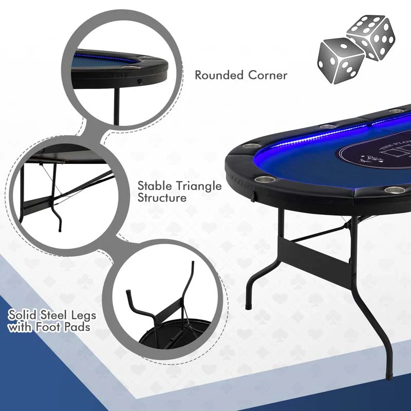 10 Players Folding Game Poker Table for Texas, Card Games, Casino Leisure Table with Cup Holder, 4 USB Ports, Extra Lights