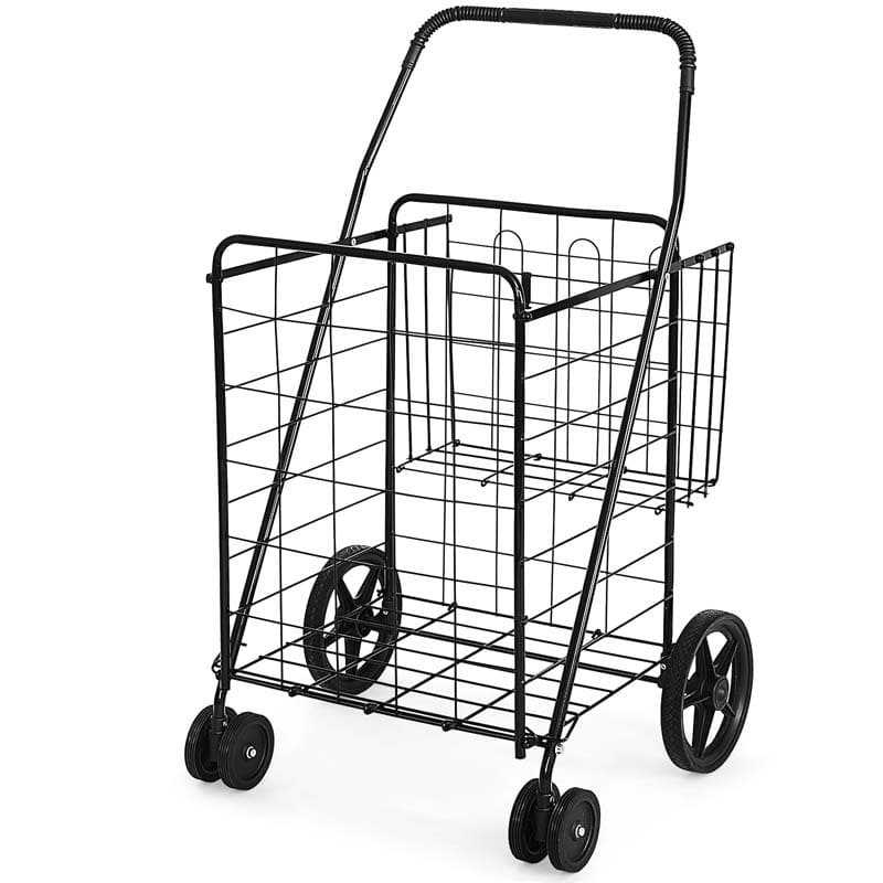 Jumbo Folding Shopping Cart Large Rolling Grocery Utility Cart with Double Basket & 360�� Swivel Wheels