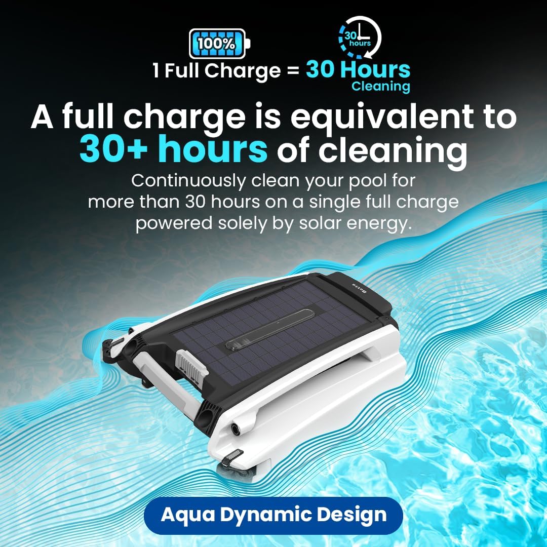 Solar Powered Automatic Robotic Pool Skimmer Cleaner with 30-Hour Continuous Cleaning Battery Power and Re-Engineered Twin Salt Chlorine Tolerant Motors (White)