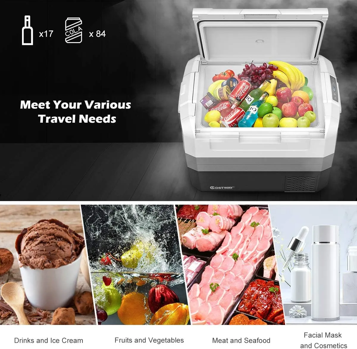 Portable Car Refrigerator, -14.8�� to 50��, 58-Quart Compressor Travel Fridge with Two-way Open Door, Operating Panel, Groove Design, Compact RV Freezer and Cooler for Outdoor and Home Use