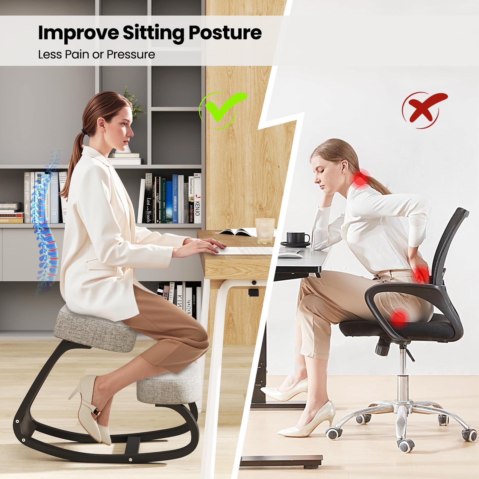 Ergonomic Kneeling Chair, Rocking Upright Posture Chair with Soft Seat & Knee Pads, Gray and Black