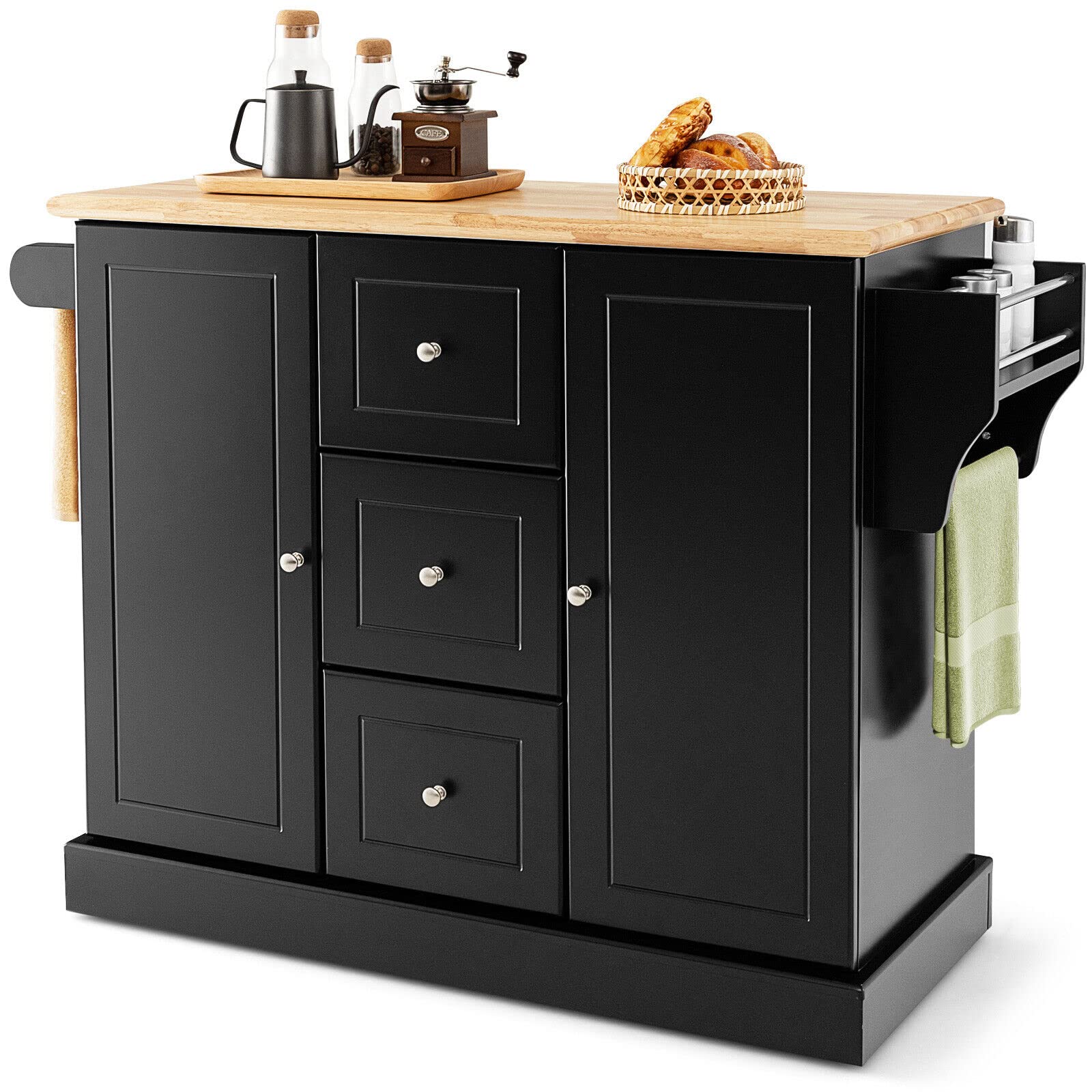 Giantex Large Mobile Kitchen Island Cart, Kitchen Island on Hidden Wheels, Rubber Wood Countertop