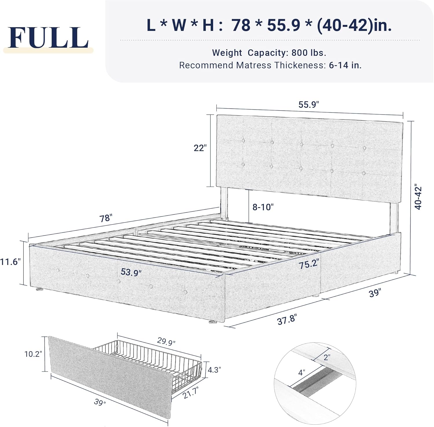 Allewie Upholstered Queen Size Platform Bed Frame with 4 Storage Drawers and Headboard, Square Stitched Button Tufted, Mattress Foundation with Wooden Slats Support, No Box Spring Needed, Light Grey