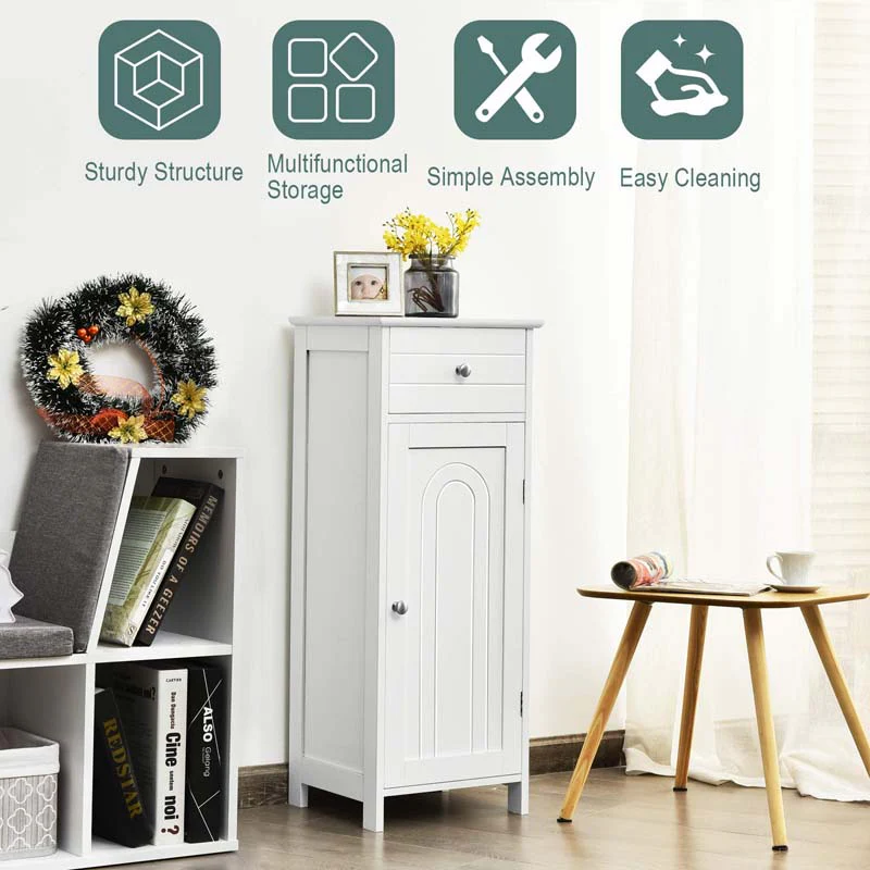 Free-Standing Wooden Floor Storage Cabinet w/Large Drawer & 2 Adjustable Shelves, Morden Side Storage Bathroom Organizer Cabinet