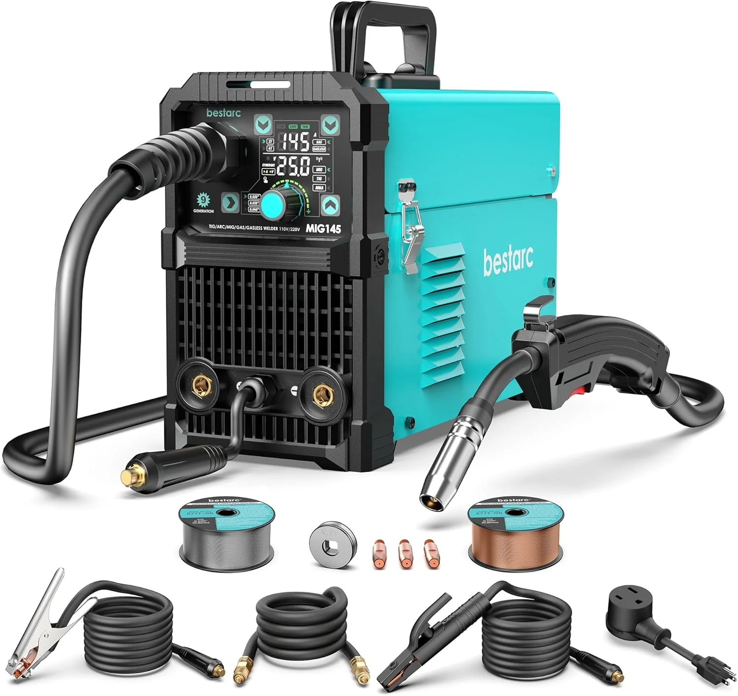 145A MIG Welder, 110V/220V Dual Voltage Gas/Gasless Flux Core MIG Welder/Lift TIG/Stick 3 in 1 Synergic MIG145 9GEN Welding Machine, Flux/Solid Welder Digital Screen Display