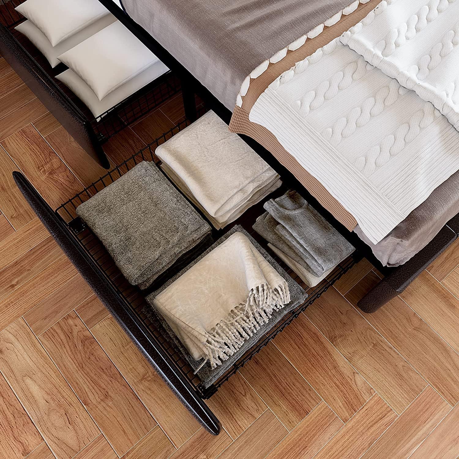 Allewie Upholstered Queen Size Platform Bed Frame with 4 Storage Drawers and Headboard, Square Stitched Button Tufted, Mattress Foundation with Wooden Slats Support, No Box Spring Needed, Light Grey