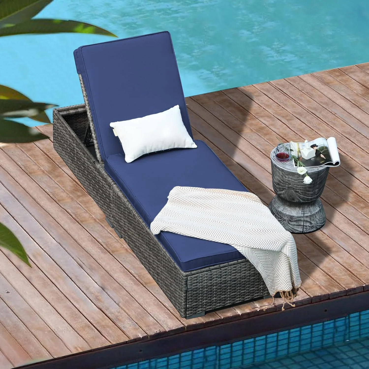 Patiorama Outdoor Patio Lounge Chair, Elegant Reclining Adjustable Pool Rattan Chaise Chair with Beige Cushion, Brown PE Wicker, Steel Frame, Set of 2