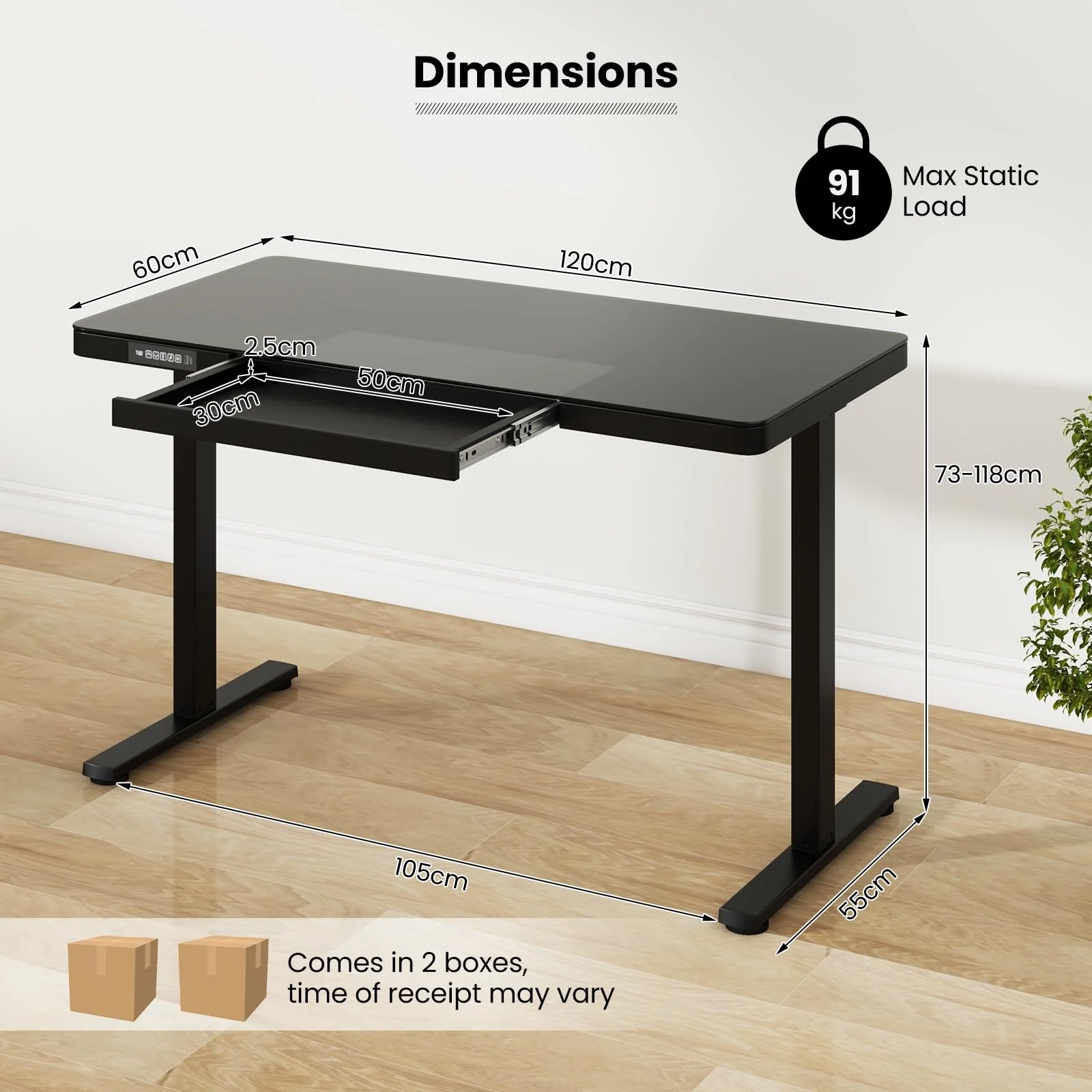 120x60cm Electric Standing Desk w/ Drawer & Tempered Glass Top Home Office