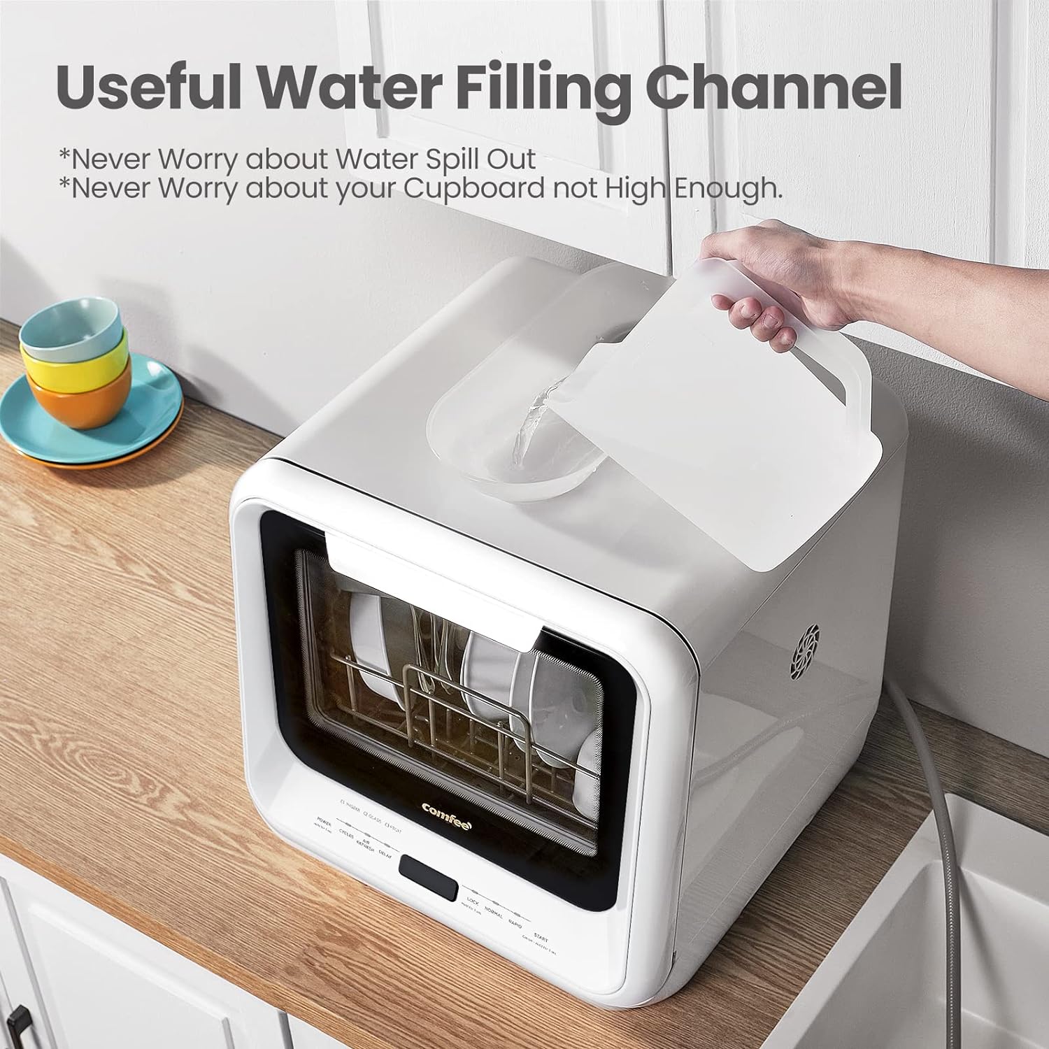 COMFEE' Portable Dishwasher Countertop with 5L Built-in Water Tank, No Hookup Needed, 6 Programs, 360?? Dual Spray, 192?H High-Temp& Air-Dry Function, Mini Dishwasher for RVs, White