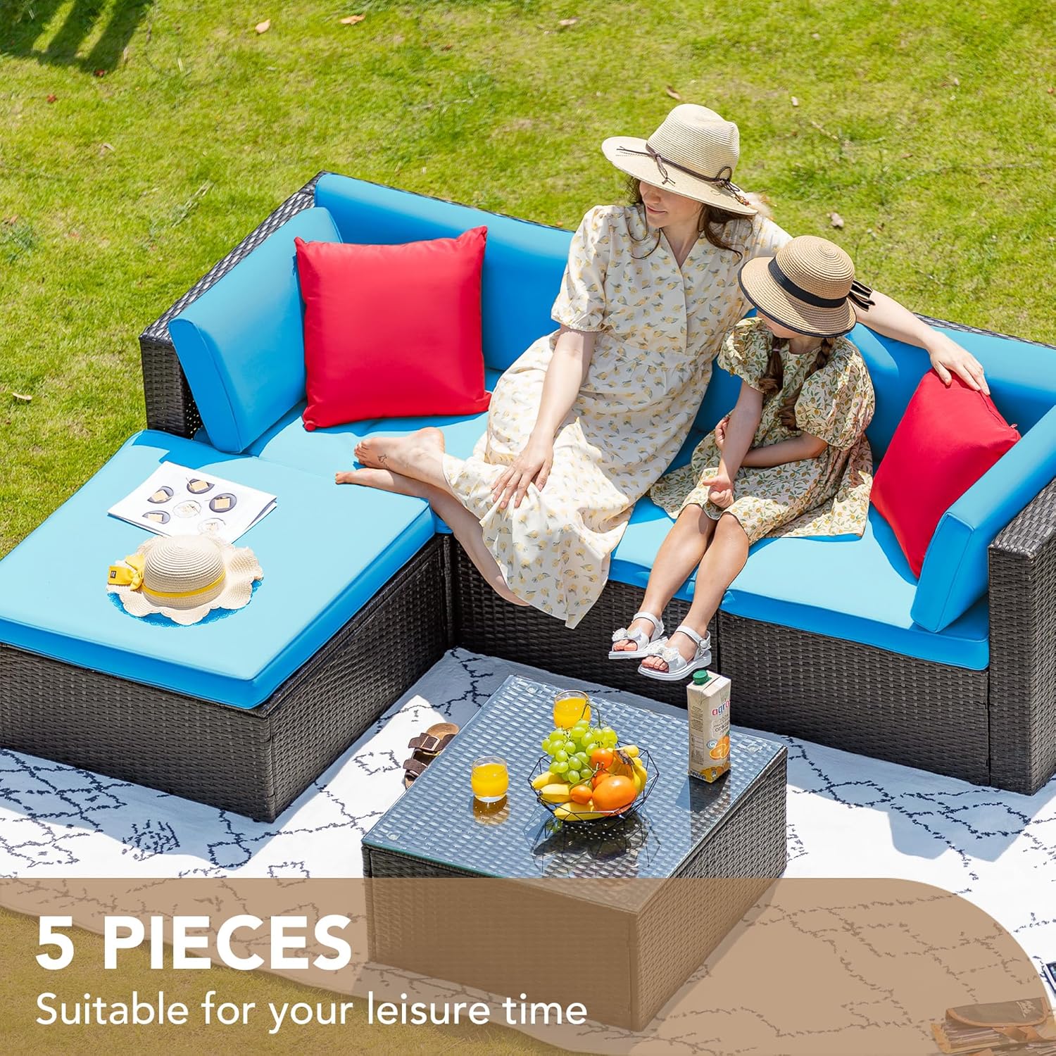 Devoko 5 Pieces Patio Furniture Sets All Weather Outdoor Sectional Patio Sofa Manual Weaving Wicker Rattan Patio Seating Sofas with Cushion and Glass Table(Beige)
