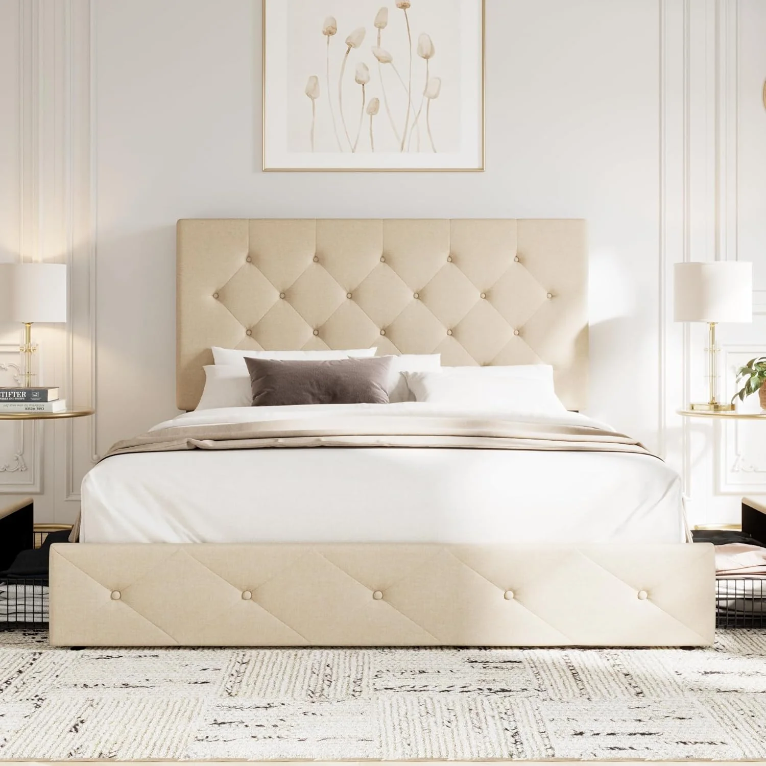 Allewie Upholstered Queen Size Platform Bed Frame with 4 Storage Drawers and Headboard, Square Stitched Button Tufted, Mattress Foundation with Wooden Slats Support, No Box Spring Needed, Light Grey