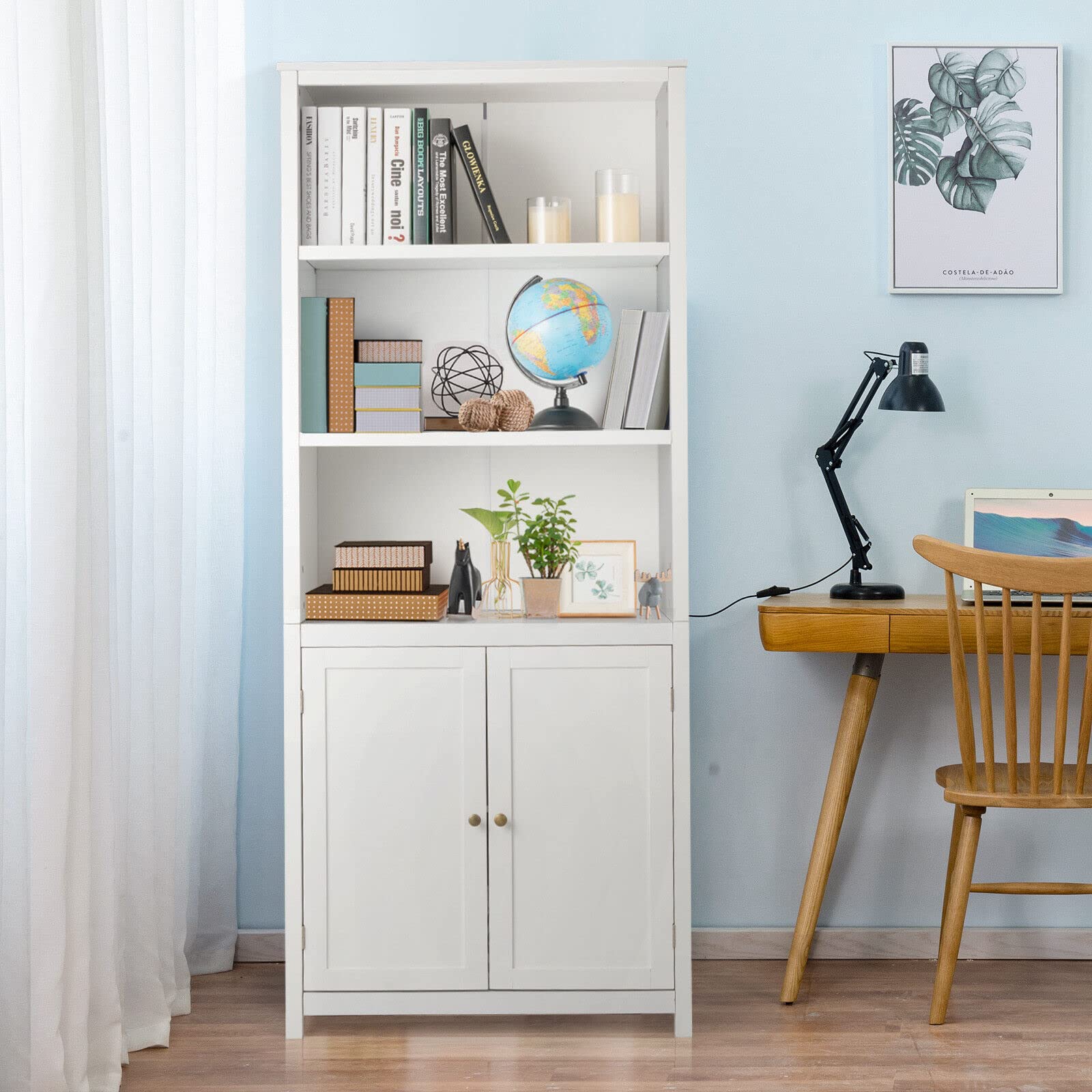 Giantex 182CM Bookcase with Doors, 3 Tier Open Book Shelving, Standing Wooden Display Bookcase