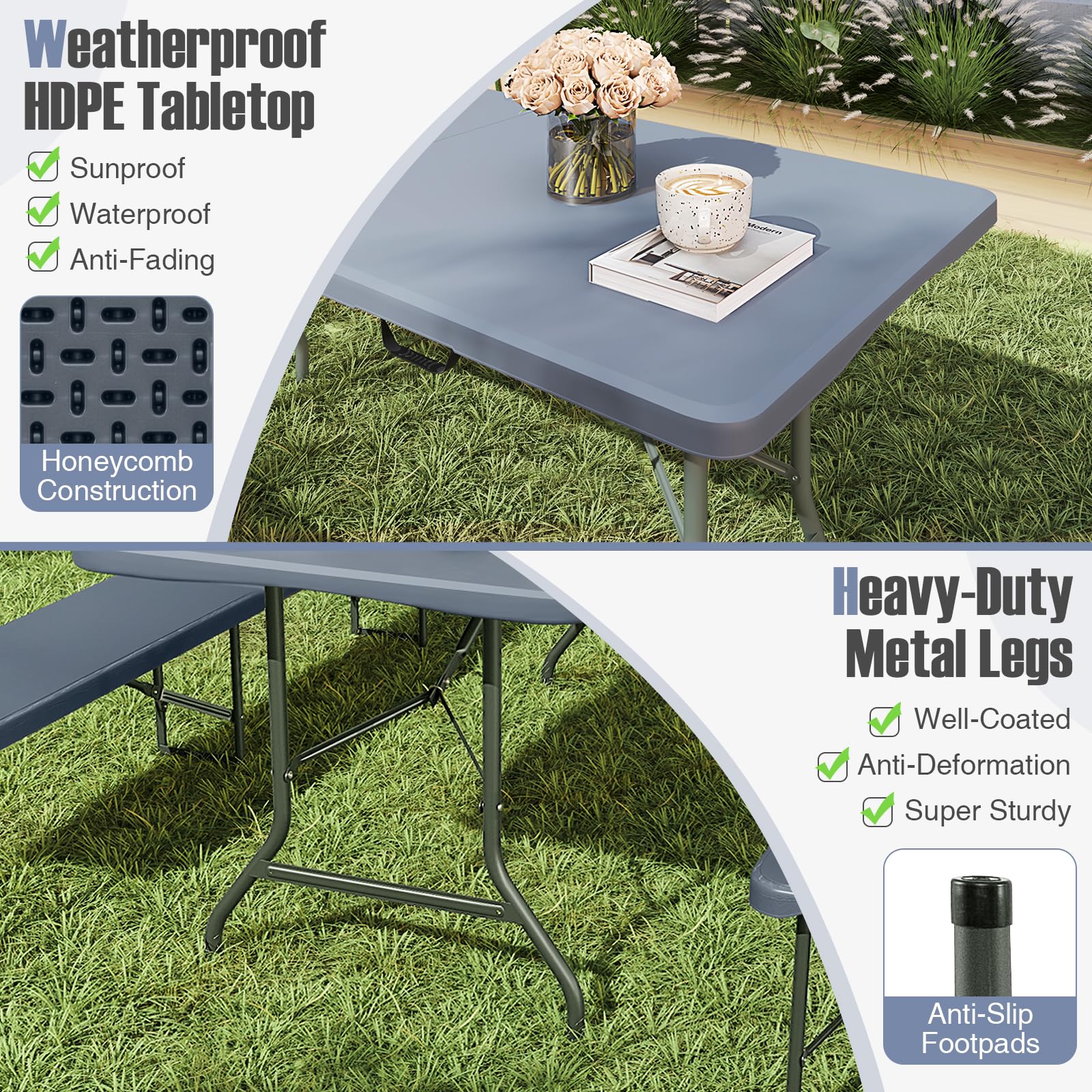 8ft Plastic Folding Table, 350 LBS Outdoor Heavy Duty Folding Tables with HDPE Tabletop, Handle
