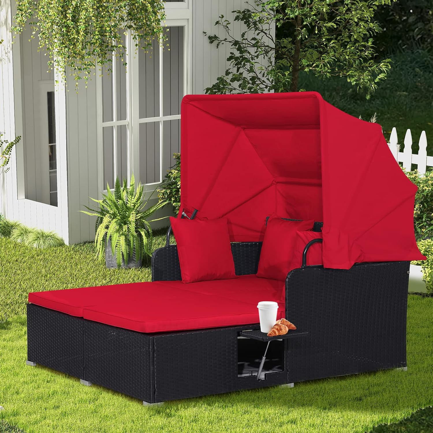 RELAX4LIFE Patio Outdoor Daybed with Canopy, Wicker Sunbed w/Cushions, 4 Pillows & 2 Retractable Side Trays, 2-Person Lounge Bed Conversation for Poolside Porch Garden, Rattan Outdoor Bed (Turquoise)