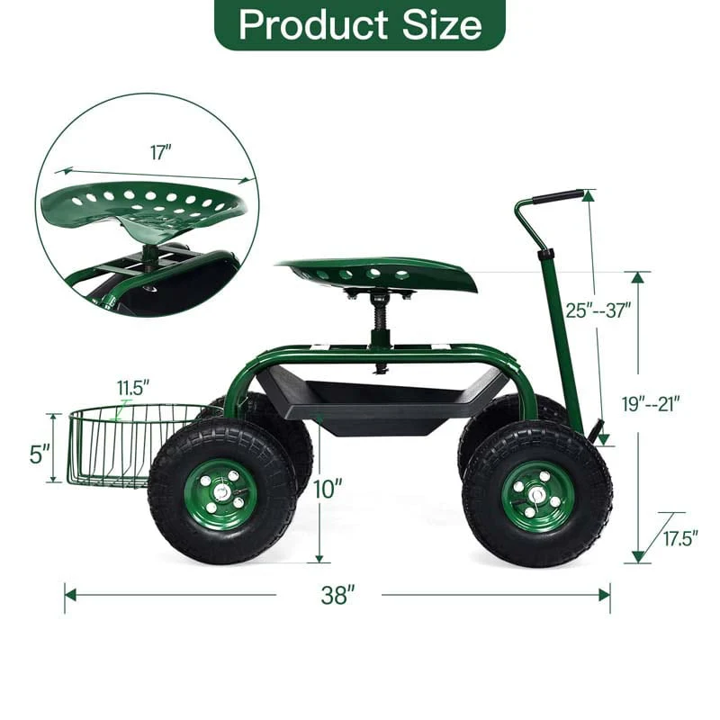 4-Wheel Garden Cart Workseat with Storage Basket & Tool Tray, Heavy Duty Patio Wagon Scooter for Planting