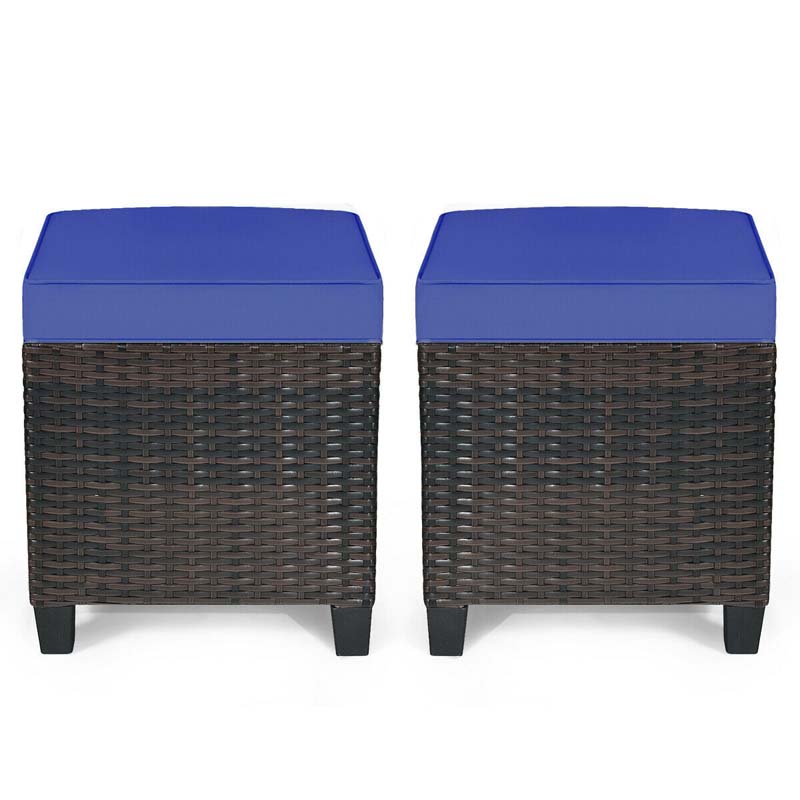 2 Pcs Rattan Patio Ottoman Set with Removable Cushions, All Weather Wicker Outdoor Footstool Footrest Seat