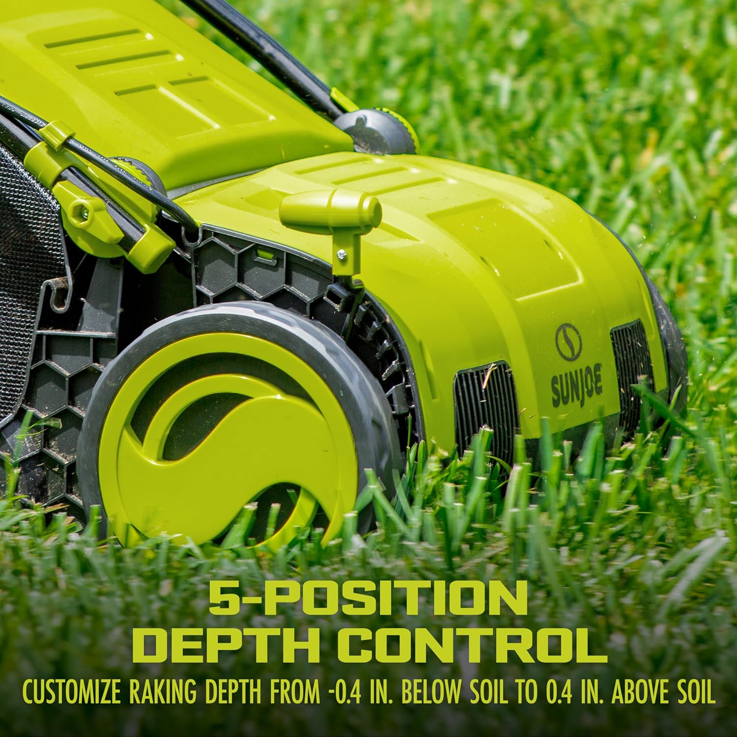 AJ805E 15-Inch 13-Amp Electric Dethatcher and Scarifier w/Removeable 13.2-Gal Collection Bag, 5-Position Height Adjustment, Airboost Technology Increases Lawn Health, Green