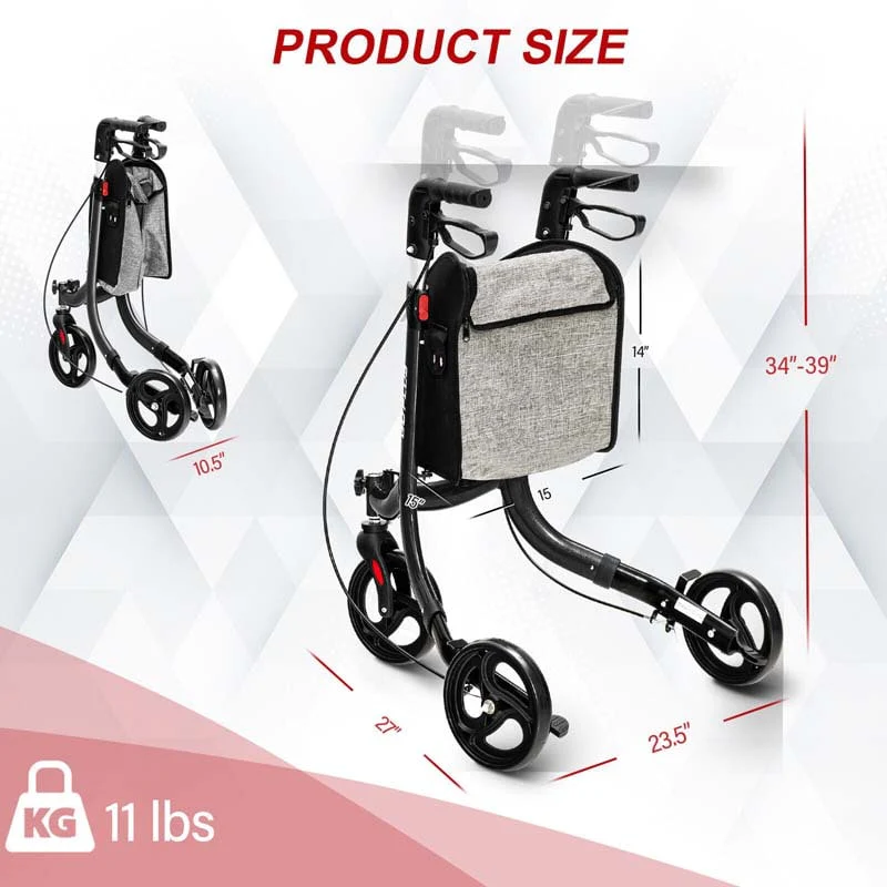 3-Wheel Folding Rollator Walker with Shopping Bag, Lightweight Aluminum Mobility Walking Aid