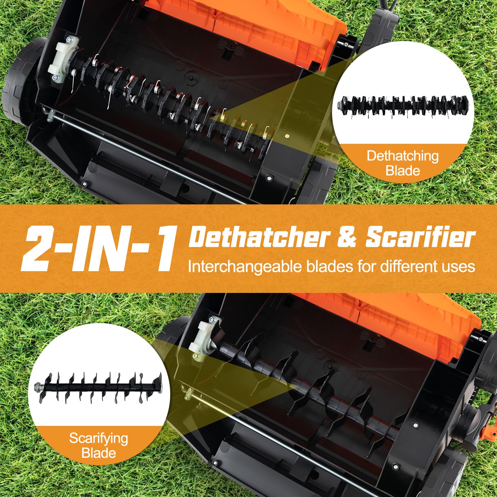 2-in-1 Scarifier and Lawn Dethatcher, 16-Inch 15A Corded Electric Dethatcher w/ 14.5-Gal Collection Bag