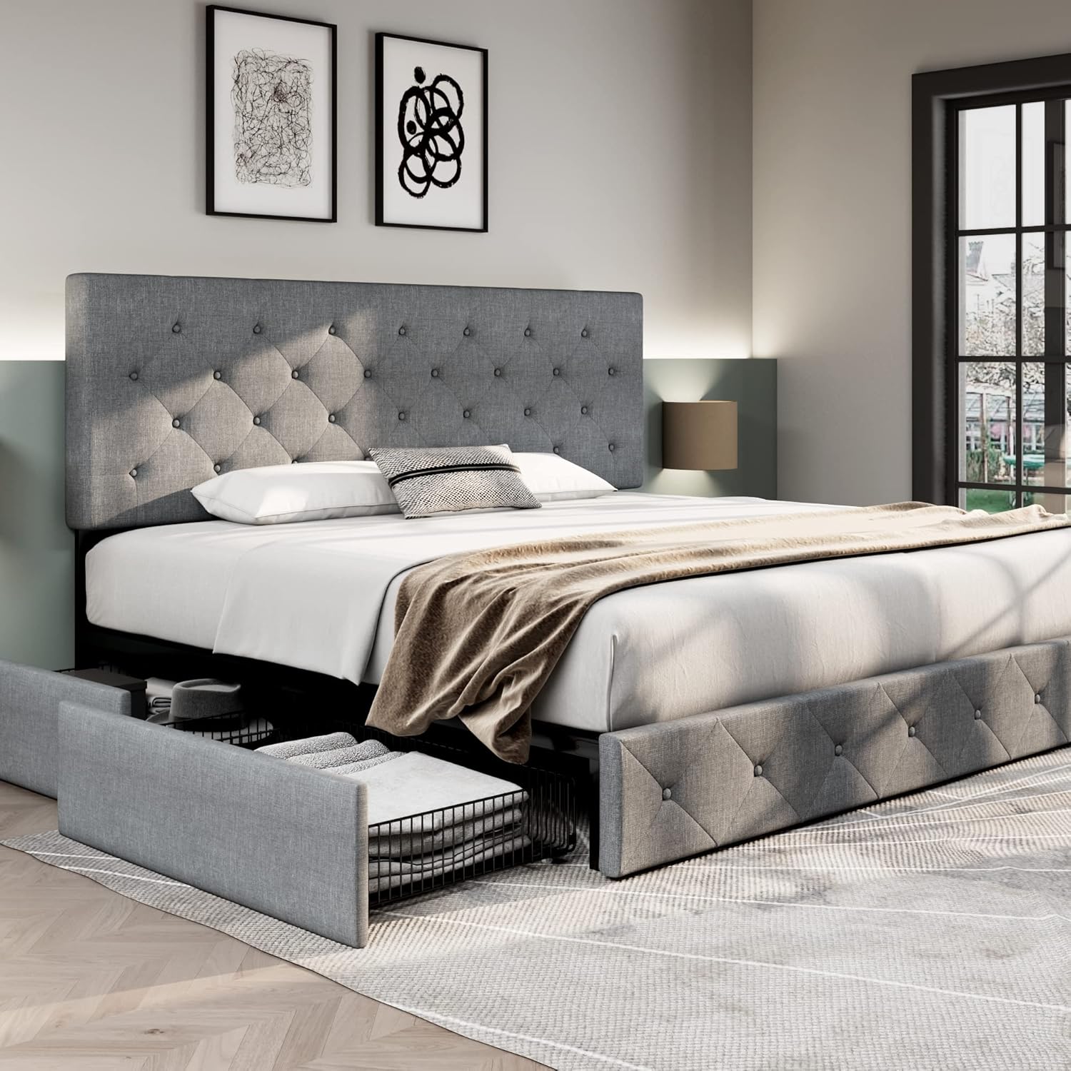 Allewie Upholstered Queen Size Platform Bed Frame with 4 Storage Drawers and Headboard, Square Stitched Button Tufted, Mattress Foundation with Wooden Slats Support, No Box Spring Needed, Light Grey