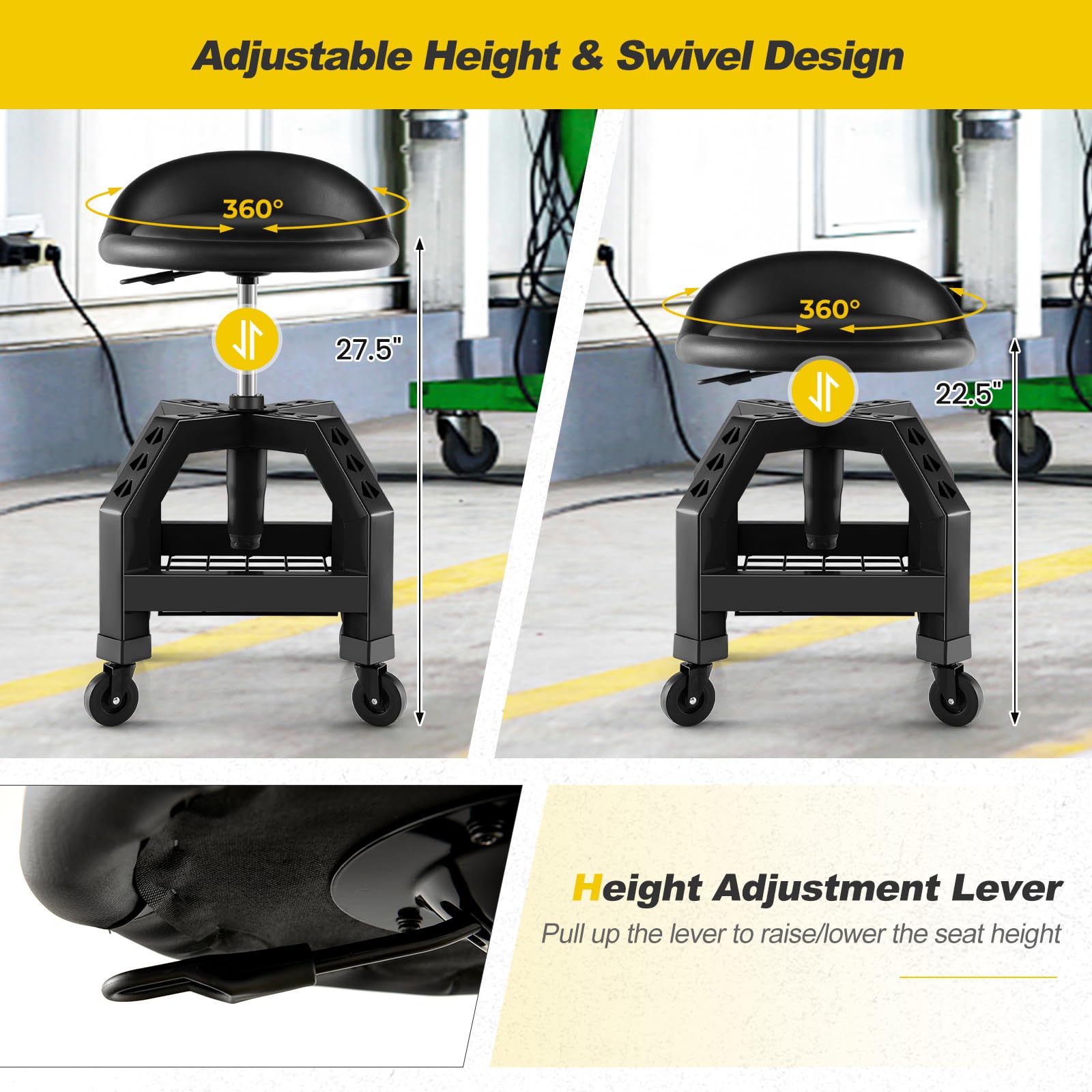 Mechanic Stool with Wheels, Adjustable Height Swivel Shop Stool Roller Seat with Tool Tray