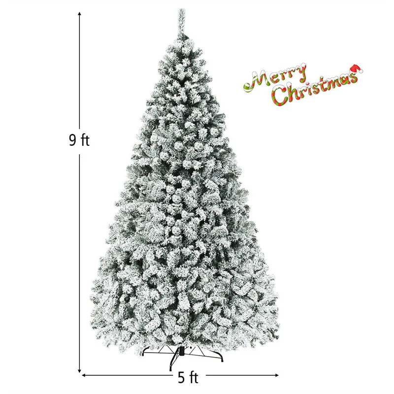 Premium Pre-Lit Snow Flocked Artificial Christmas Tree with Hinged Branch Tips & LED Lights