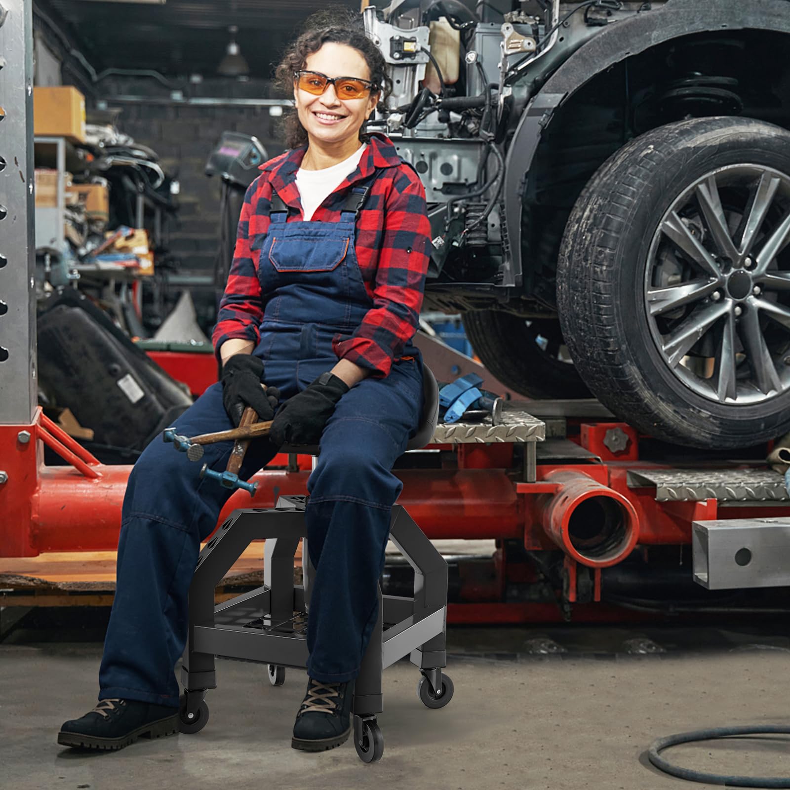 Mechanic Stool with Wheels, Adjustable Height Swivel Shop Stool Roller Seat with Tool Tray