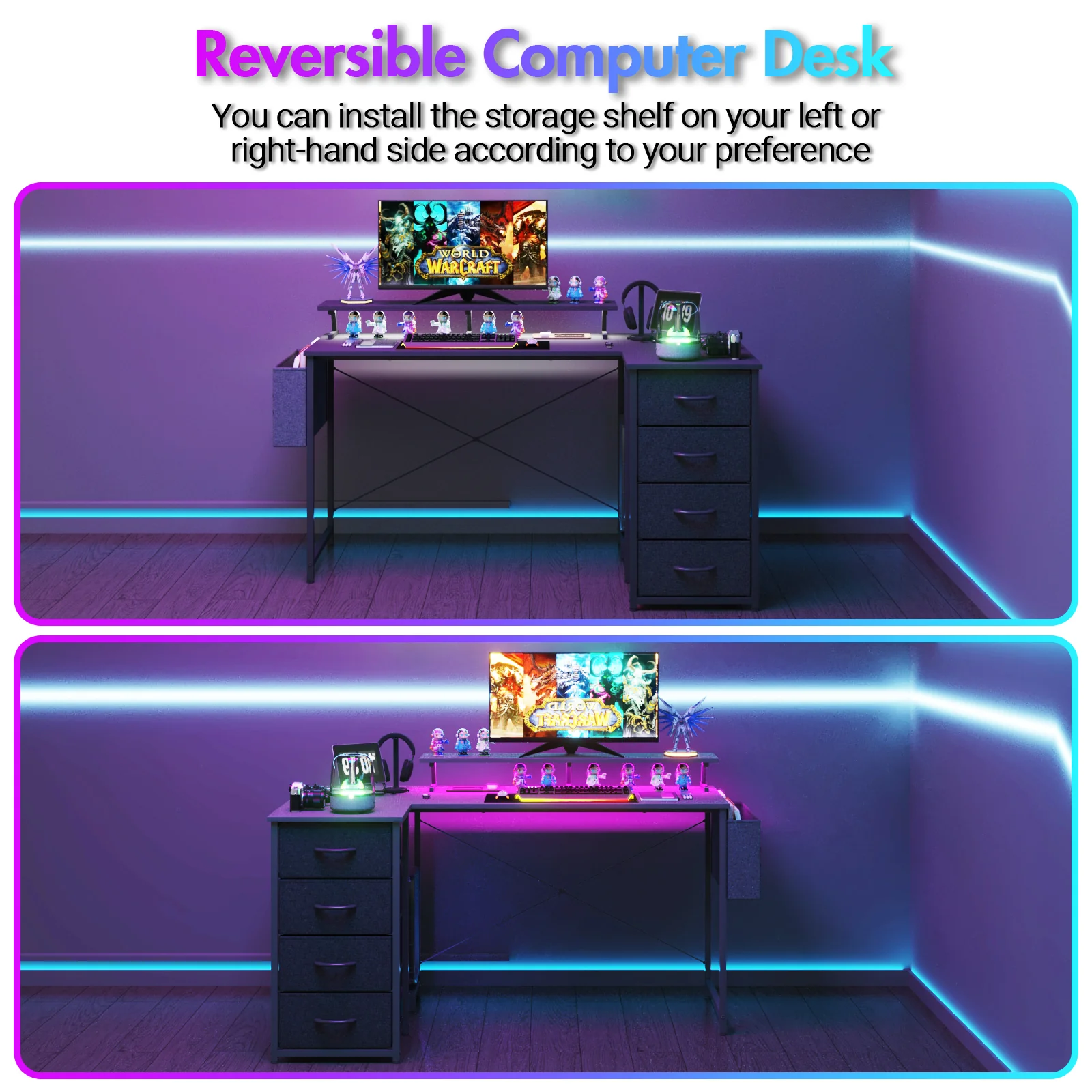 L Shaped Gaming Desk with LED Lights Black