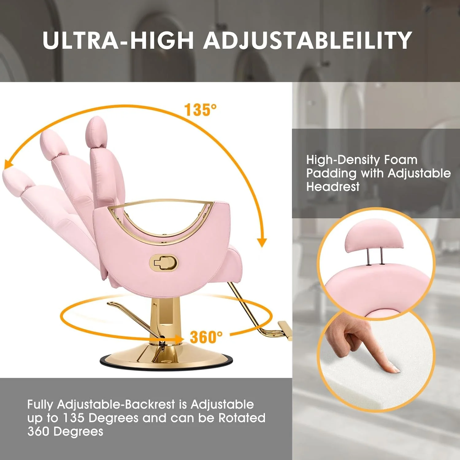 Artist Hand Salon Chair Reclining Barber Chair Oversized Hydraulic Pump Heavy Duty Hair Salon Chair 360 Degree Swivel Hair Chair for Hair Stylist, Beauty Spa Equipment Max Load 400 LBS, Black and Gold