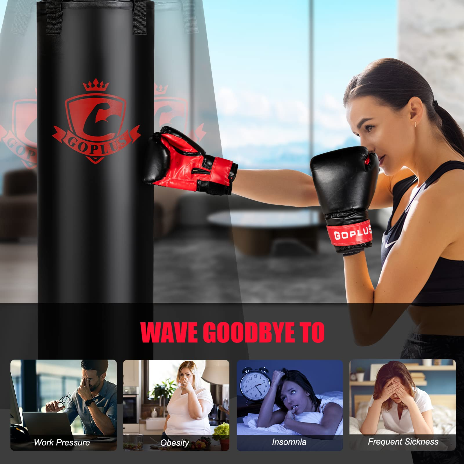 Punching Bag for Adults, 63LBS Filled Hanging Boxing Bag Set with 12OZ Boxing Gloves & 95