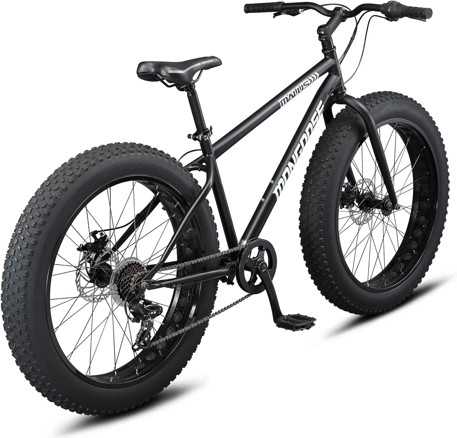 Malus Mens and Women Fat Tire Mountain Bike, 26-Inch Bicycle Wheels, 4-Inch Wide Knobby Tires, Steel Frame, 7 Speed Drivetrain, Shimano Rear Derailleur, Disc Brakes