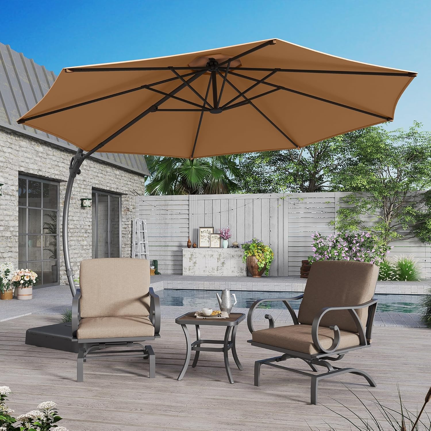 LAUSAINT HOME Outdoor Patio Umbrella with Base included, 11 FT Deluxe Curvy Cantilever Umbrella Heavy Duty Offset Hanging Umbrella with 360�� Rotation for Market, Pool, Garden, Backyard, Deck (Beige)