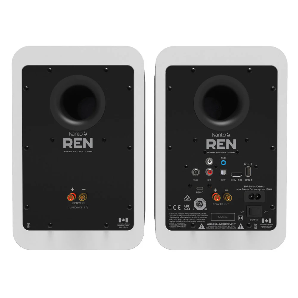 Kanto REN 200W Powered Bookshelf Speakers with HDMI ARC, USB-C, and Bluetooth 5.3 - Matte White, Pair
