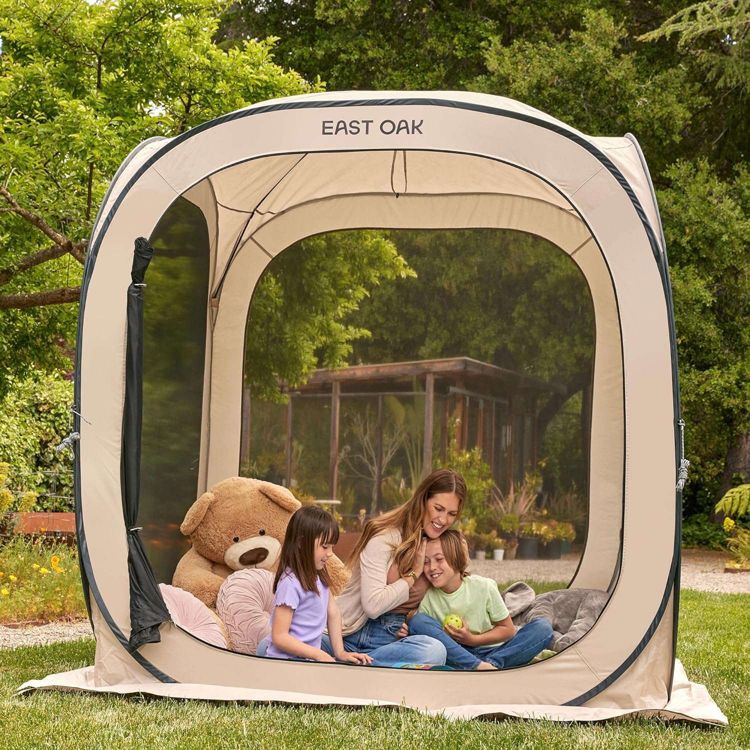 EAST OAK Screen House Tent Pop-Up, Portable Screen Room Canopy Instant Screen Tent 10 x 10 FT with Carry Bag for Patio, Backyard, Deck & Outdoor Activities, Beige