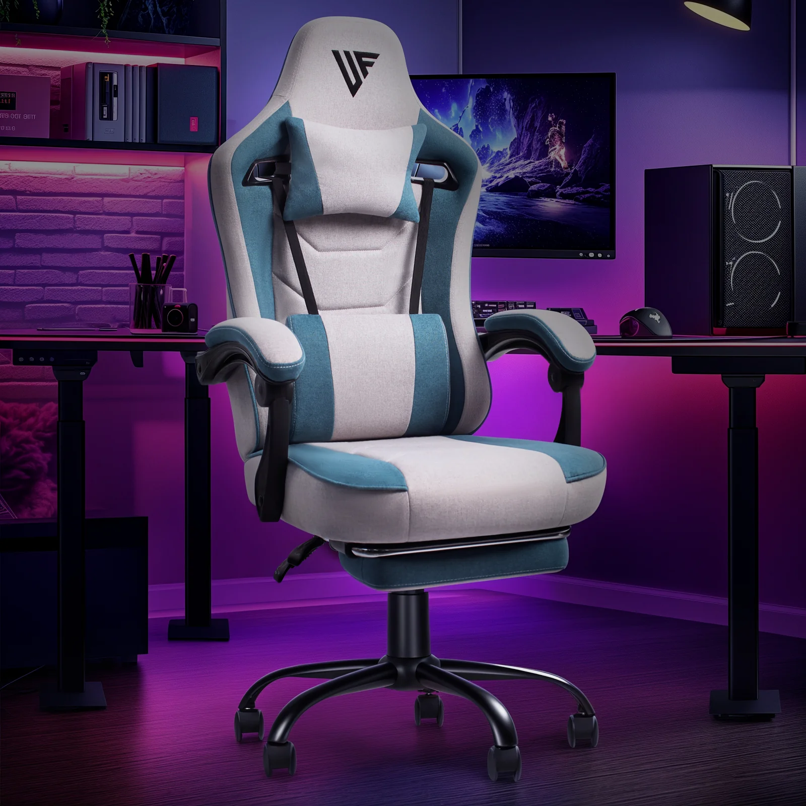 RGB Gaming Desk & Gaming Chair Set Gray+Blue