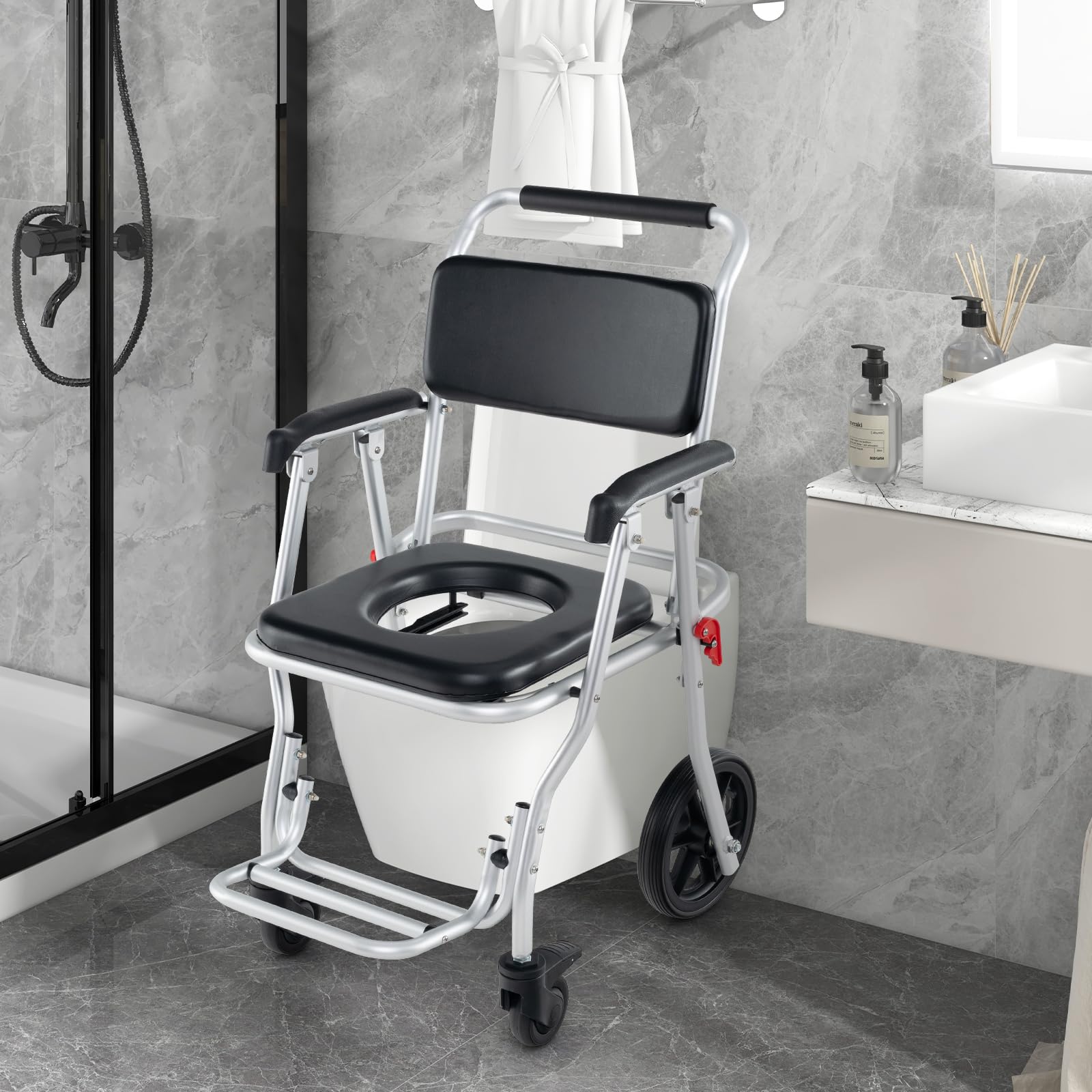 4 in 1 Shower Commode Wheelchair, 330lbs Foldable Bedside Commode Chair for Toilet with Arms