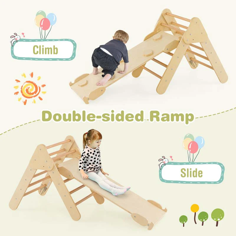 5-in-1 Montessori Wooden Climbing Toys for Toddlers, Arch Climber Ladder with Sliding Ramp, Kids Triangle Climber Play Gym Set