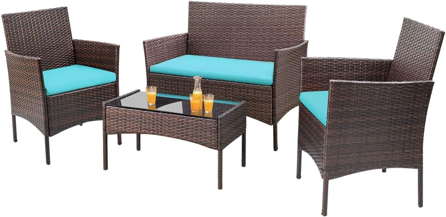 4 Pieces Outdoor Patio Furniture Sets Rattan Chair Wicker Set, Outdoor Indoor Use Backyard Porch Garden Poolside Balcony Furniture Sets Clearance (Brown and Beige)