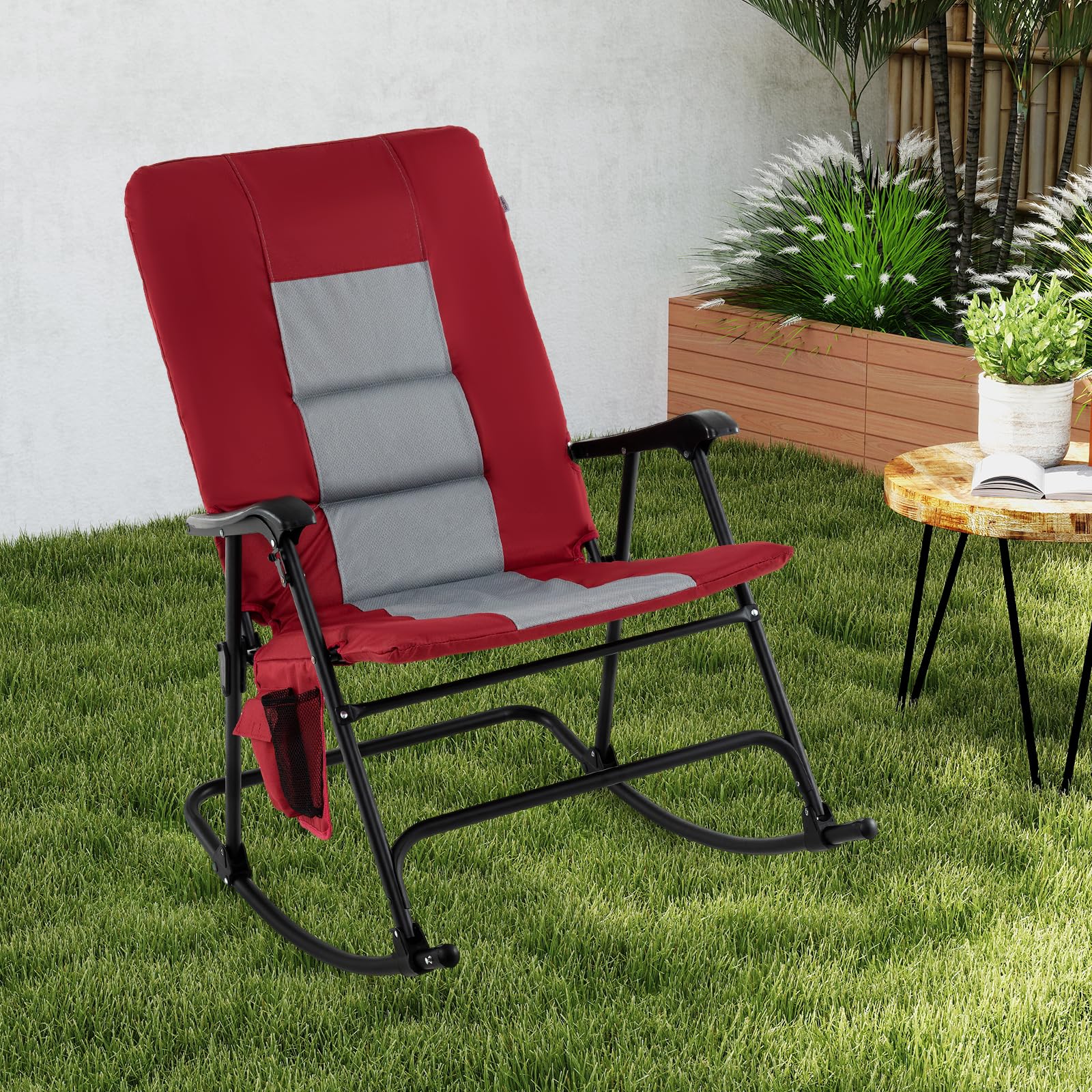 Oversized Folding Rocking Chair, Padded Patio Lounge Rocker w/Metal Frame, Armrests, Side Pocket