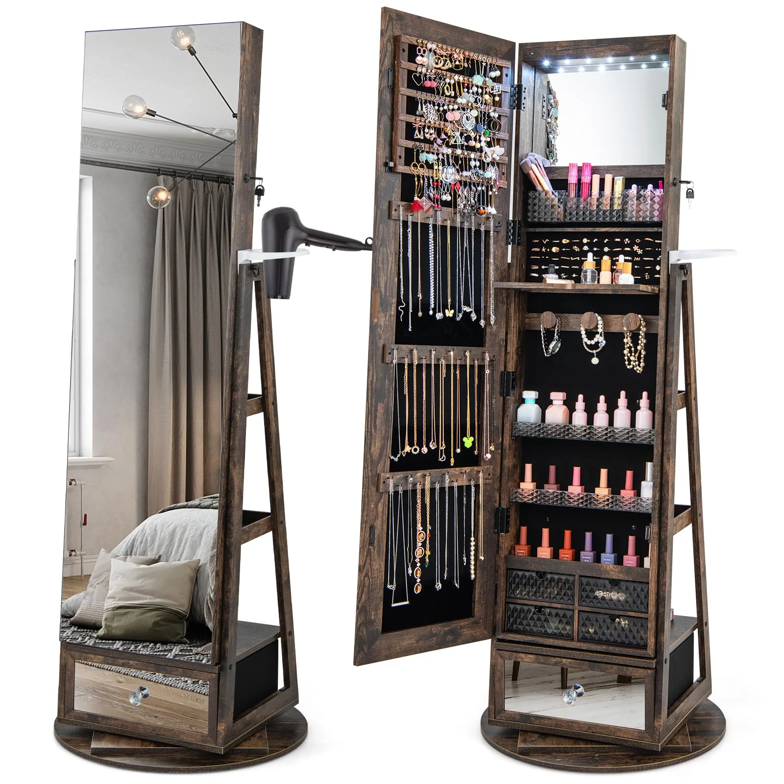 Giantex 360?? Swivel Jewelry Cabinet w/Full-Length Mirror
