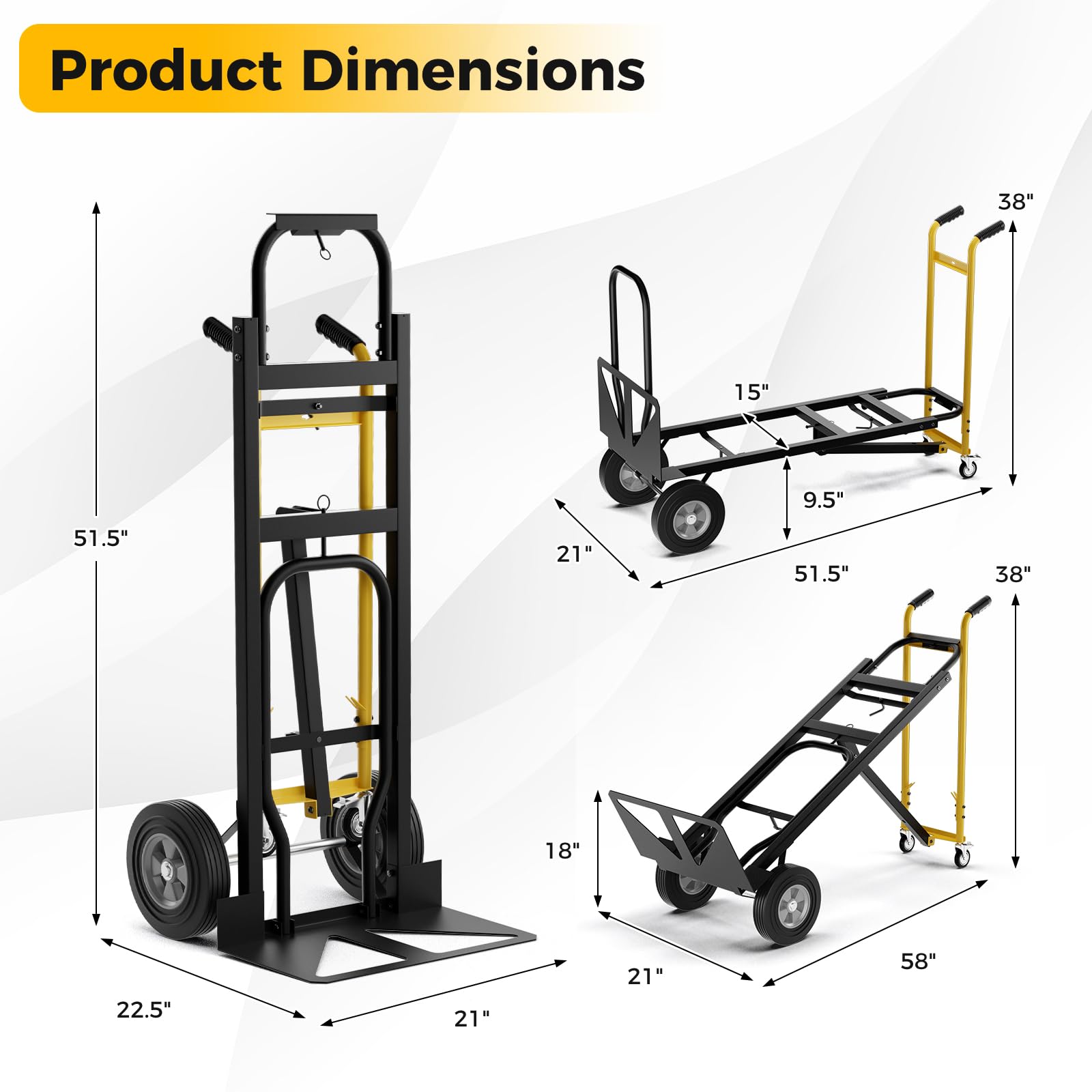 Hand Truck, 3-in-1 Convertible Metal Dolly Cart with 4 Rubber Wheels, 1000 lbs Max Load Capacity