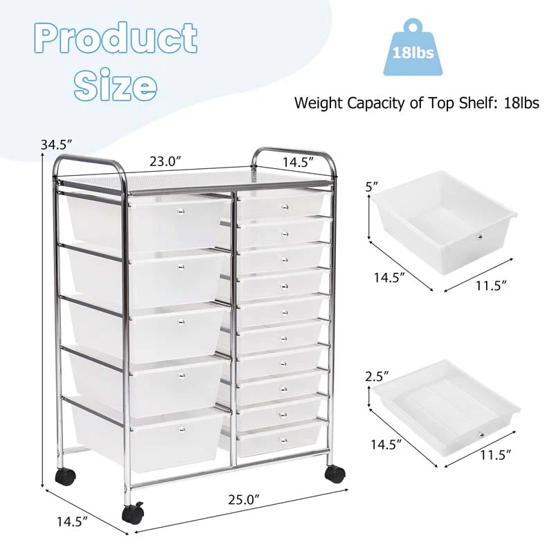 15-Drawer Storage Drawer Cart Tools Scrapbook Paper Organizer Cart Office School Utility Cart Rolling Storage Cart with Wheels