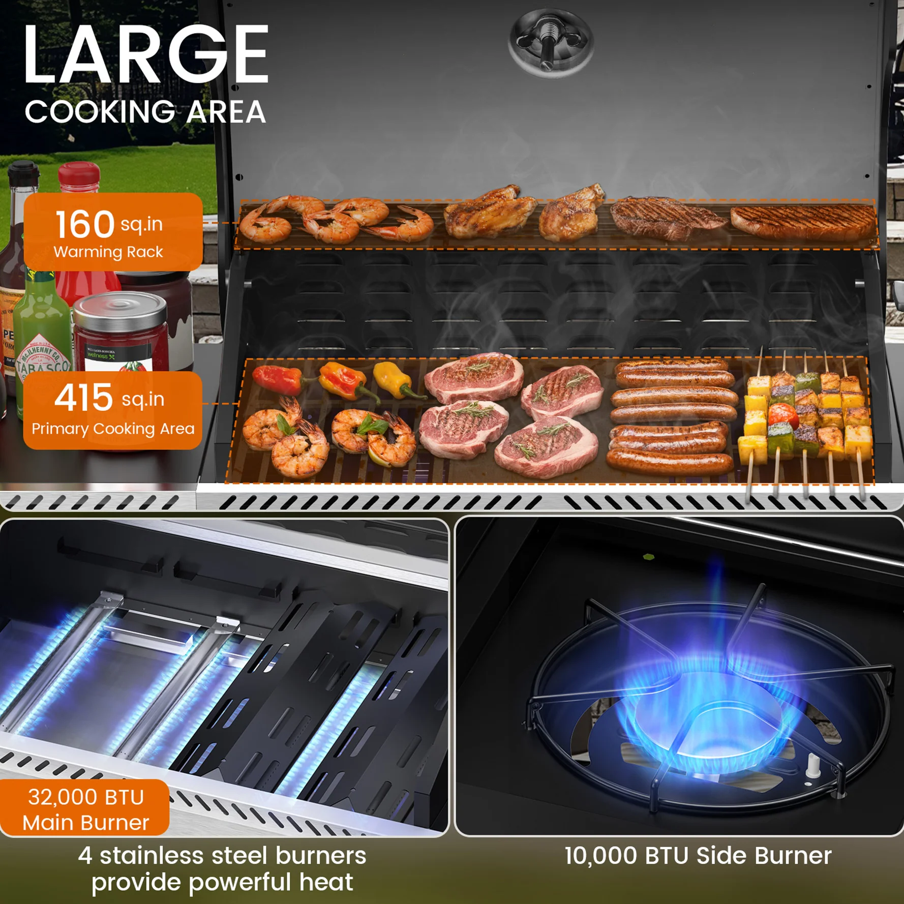 3+1/4+1 Burner Freestanding Propane Gas Grill With Side Burner And Cabinet