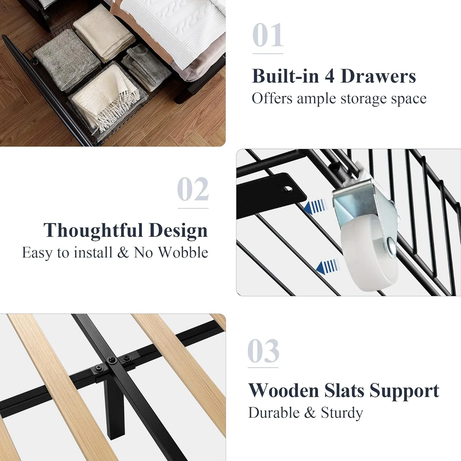 Allewie Upholstered Queen Size Platform Bed Frame with 4 Storage Drawers and Headboard, Square Stitched Button Tufted, Mattress Foundation with Wooden Slats Support, No Box Spring Needed, Light Grey