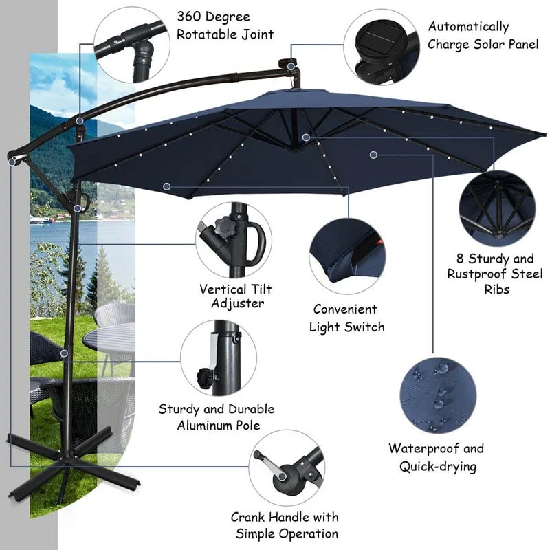 10 FT Patio Offset Umbrella with Solar Lights 360�� Rotation Outdoor Market Umbrella with Crank Handle & Cross Base