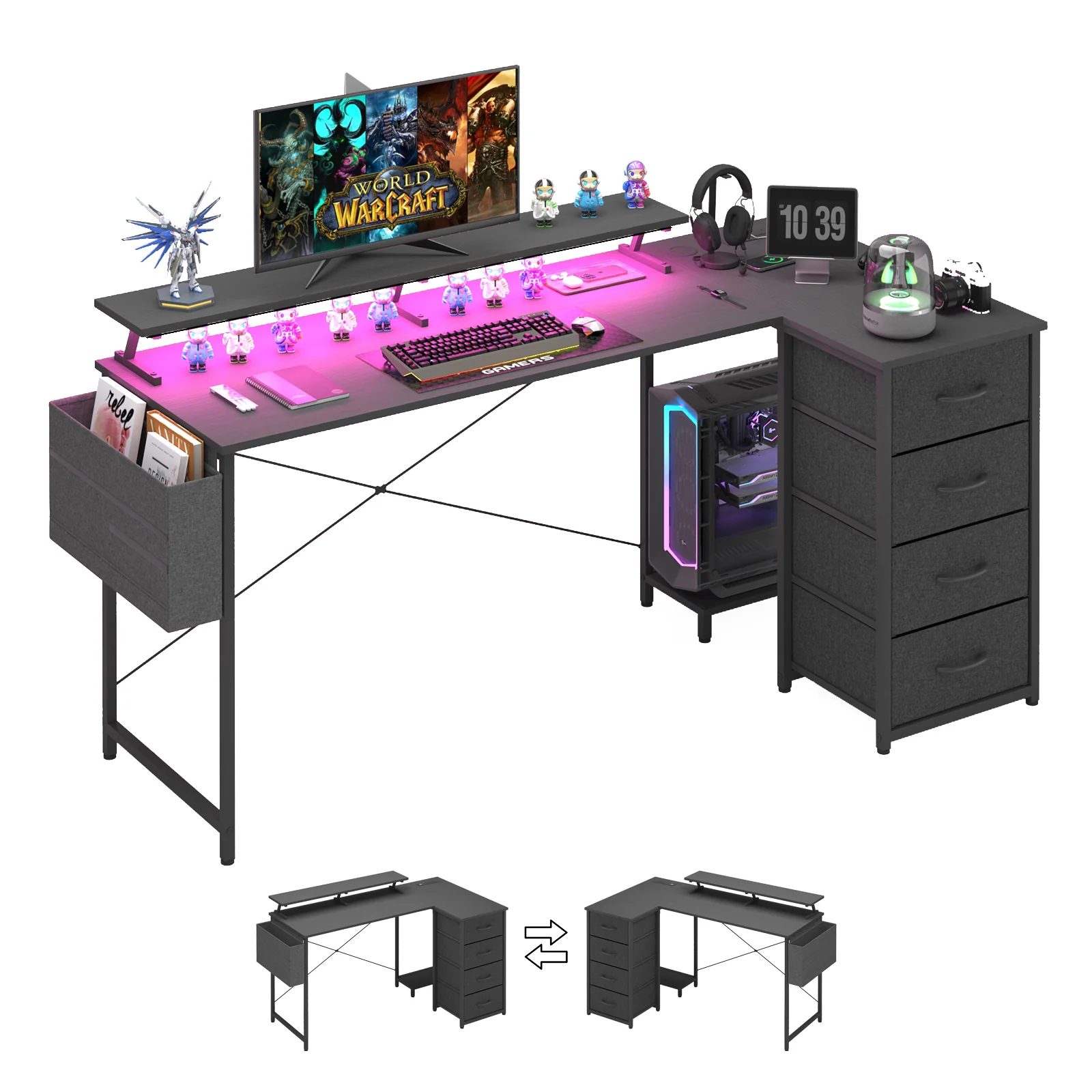 L Shaped Gaming Desk with LED Lights Black