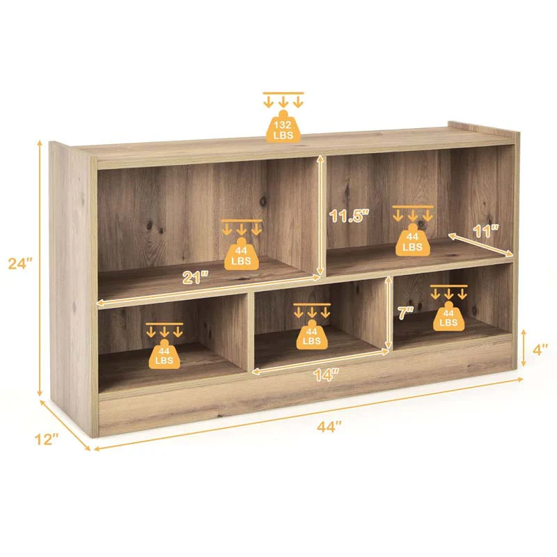 2-Shelf Kids Bookcase 5-Cube Wood Toy Storage Cabinet Organizer for Classroom, Playroom, Nursery, Kindergarten